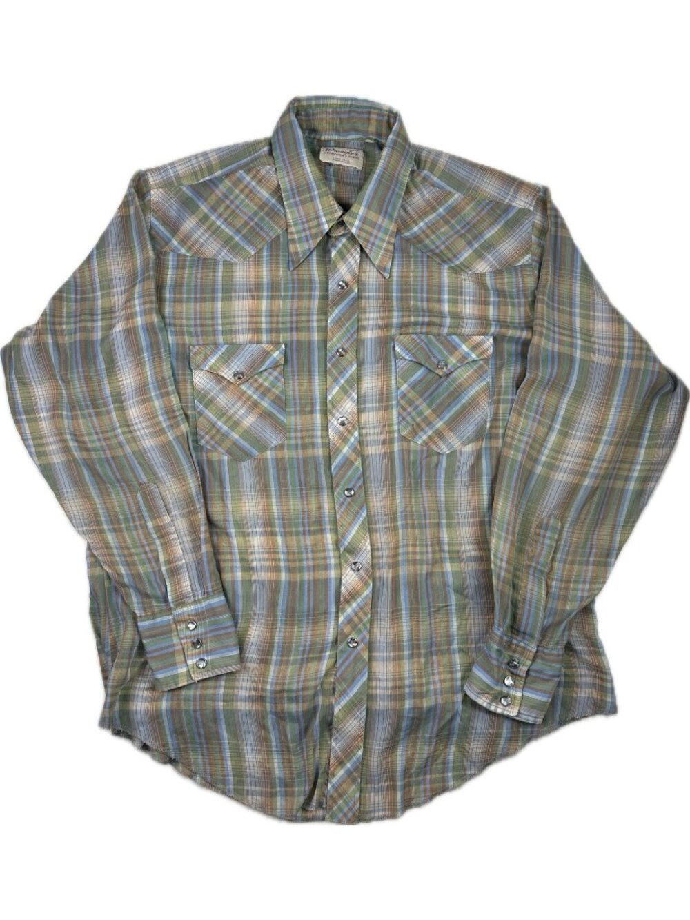 Vintage Wrangler Shirt Mens 80s Western Pearl Snap Plaid Permanent Press L